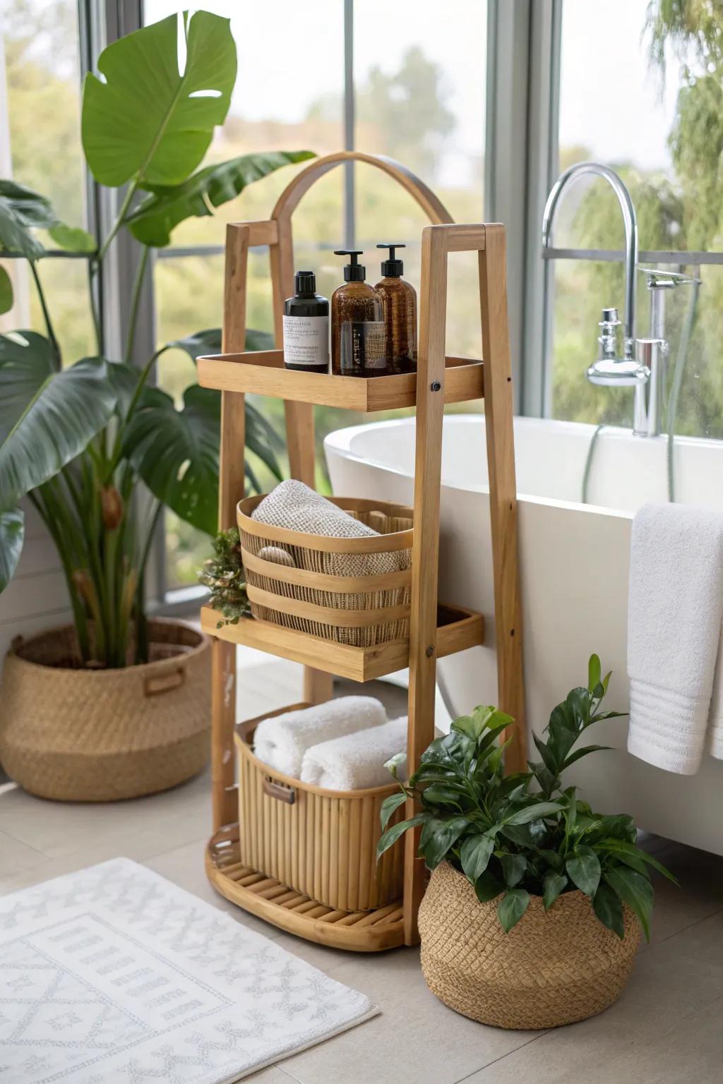 Choose an eco-conscious bamboo shower butler for enduring elegance.