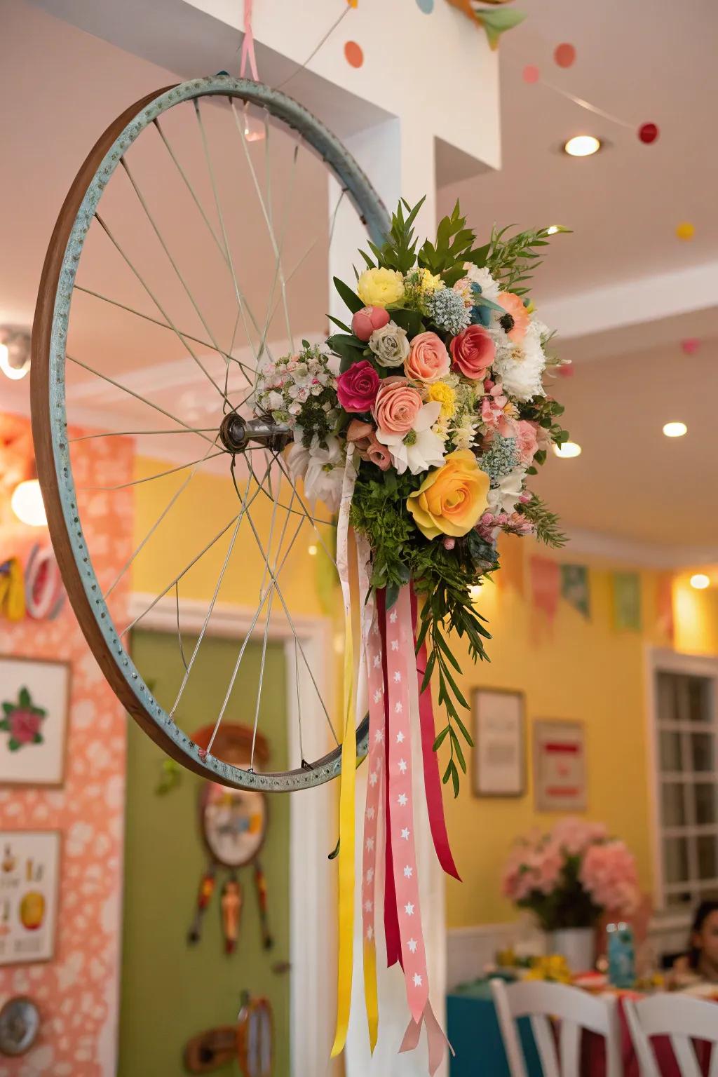 A varied bicycle wreath showcasing a fusion of aesthetics and textures for a distinctive aesthetic.