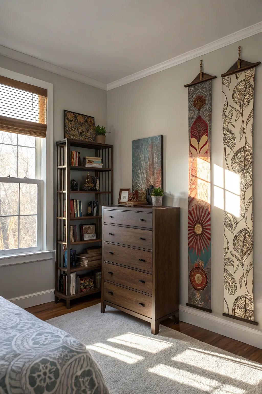 A spacious bedroom utilizing vertical space with tall furniture and art.