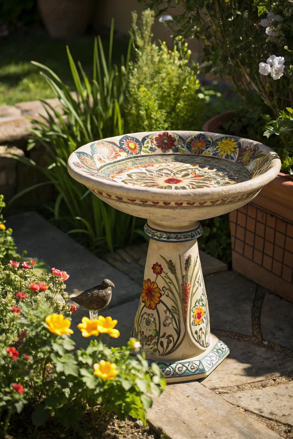 An artisan clay bird bath displays craftsmanship and color.