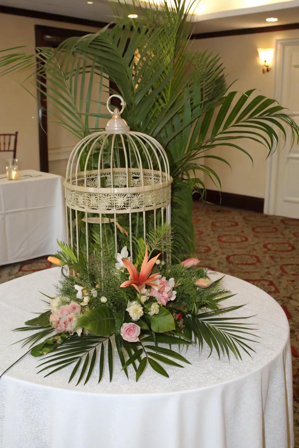 A tropical-themed bird sanctuary centerpiece showcasing verdant foliage.
