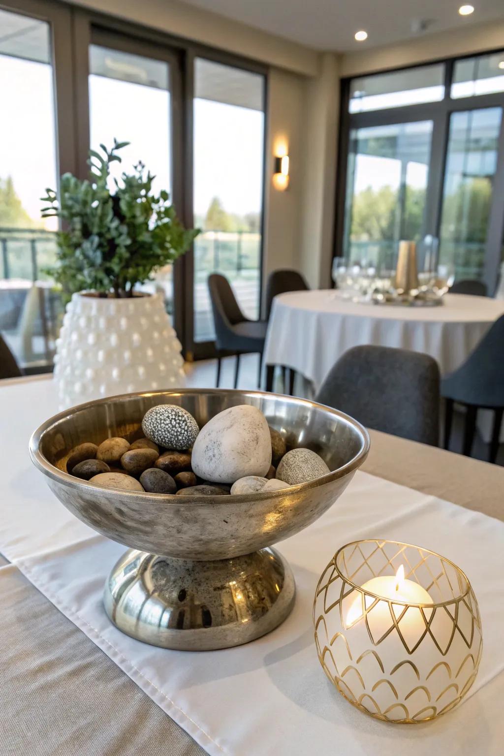 A chic fusion of gleaming and veined stone for a sophisticated accent.