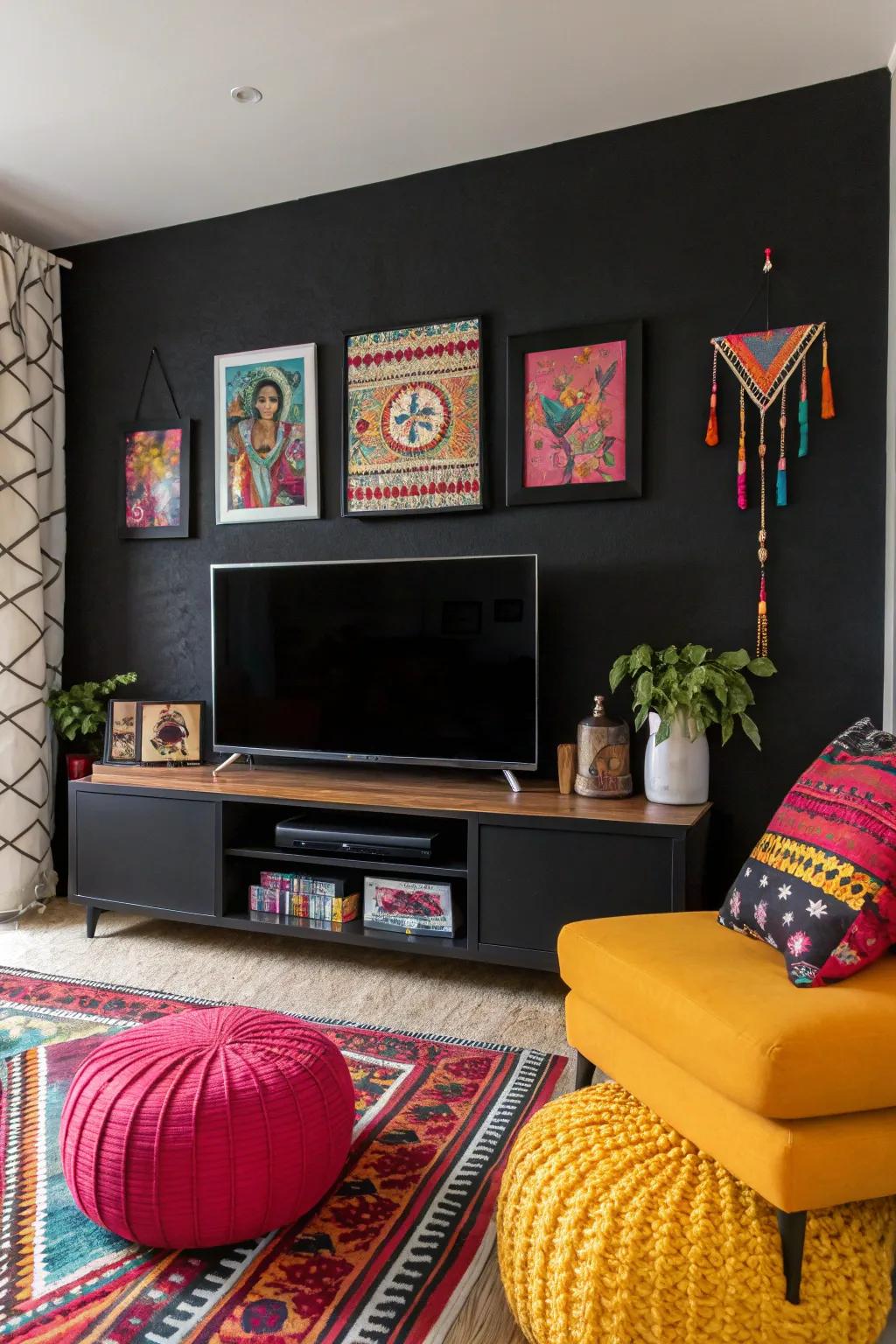 A vibrant highlight enriches vitality and vibrancy to a dark accent wall.