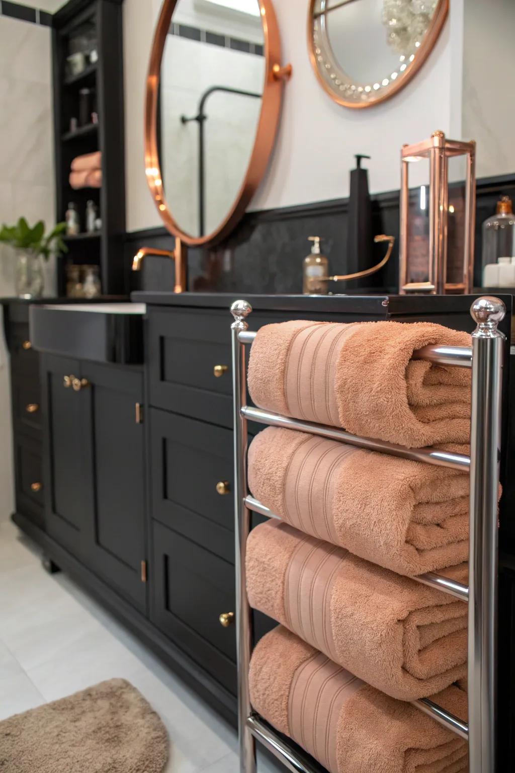 Opulent fabrics in copper tones incorporate warmth and comfort.