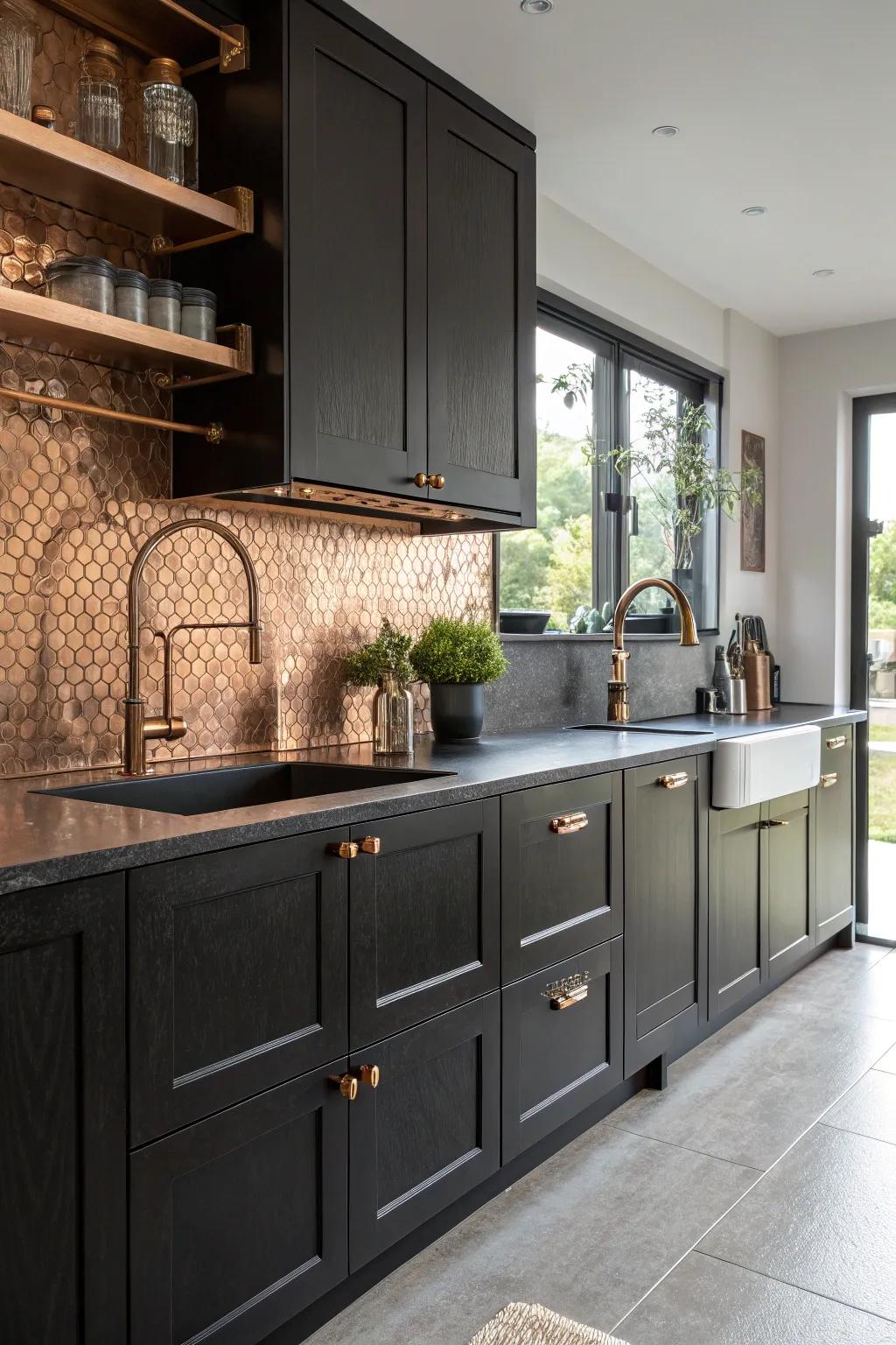 Contrasting textures add depth to a dark and bronze kitchen.