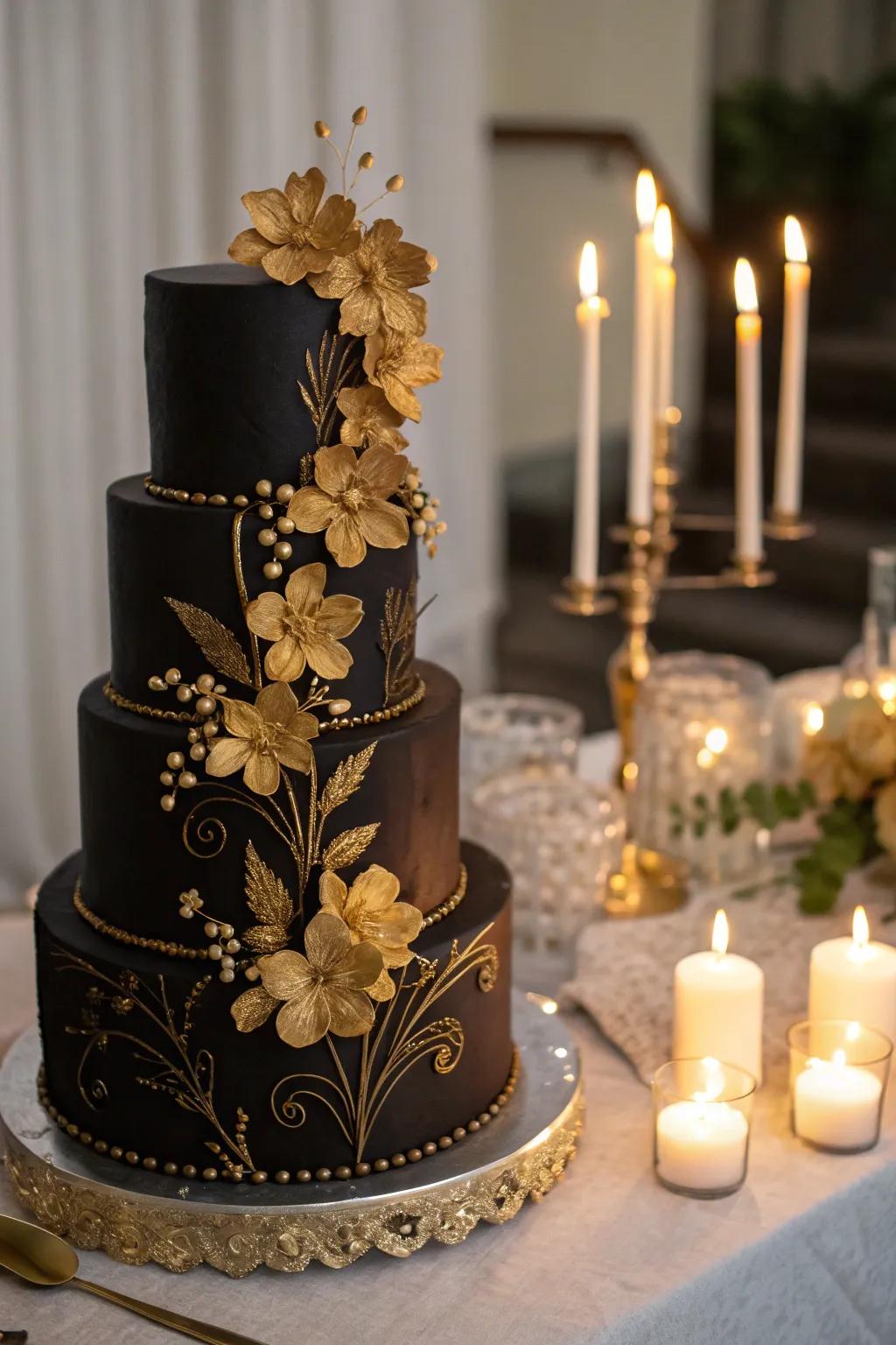 A waterfall of gilded blooms adds romance and drama to this cake.