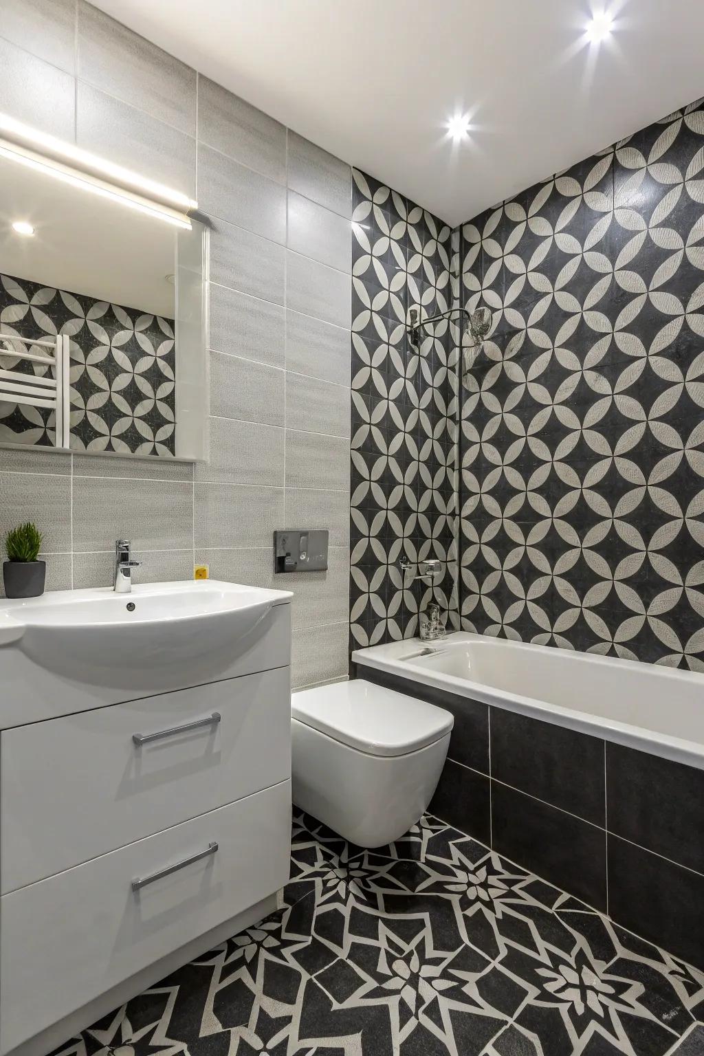 A bathroom with shaped designs that add a contemporary and artistic flair.