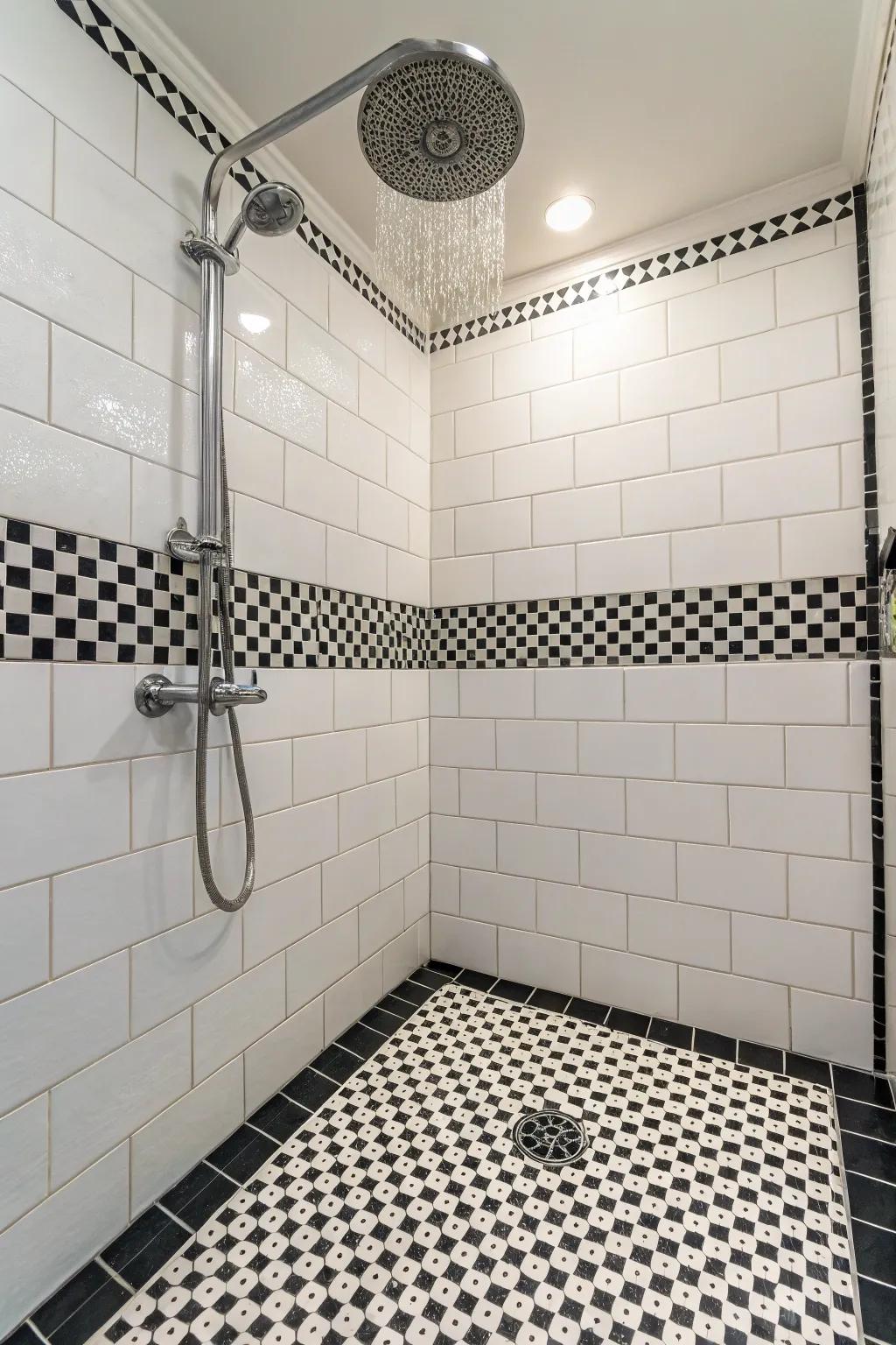 Tiny round tiles bring a vintage allure to this shower.