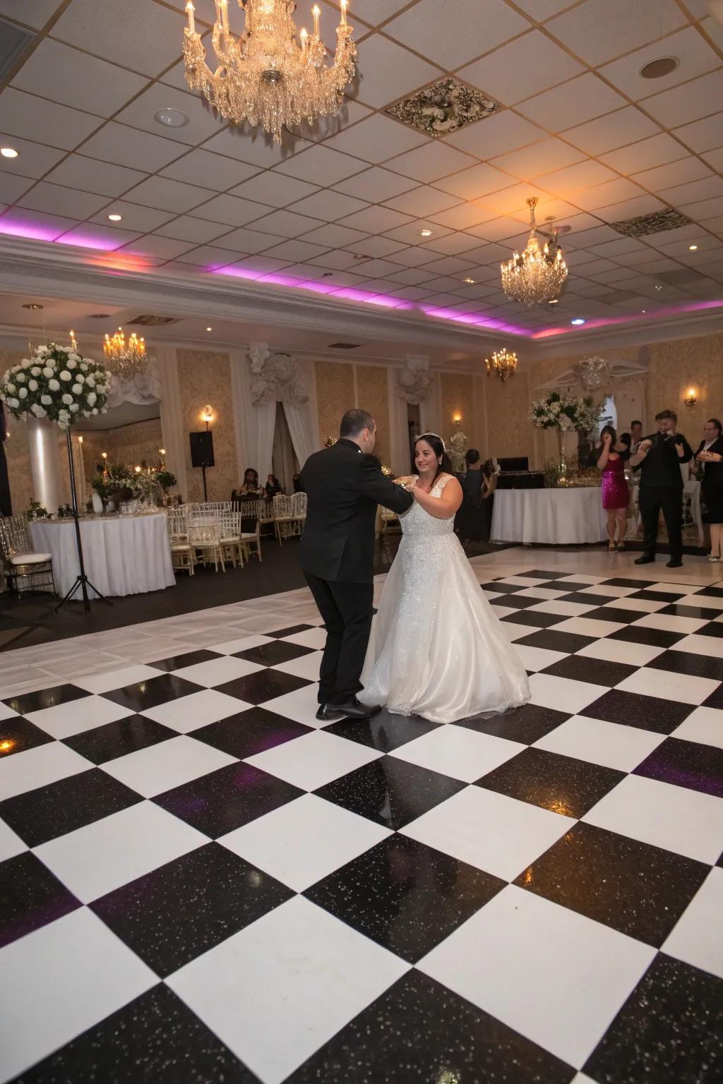 A checkered dancing area creates a lively atmosphere for wedding celebrations.