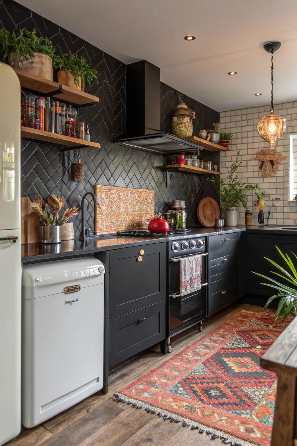 This eclectic kitchen design merges traditional and modern elements around an ebony backsplash.
