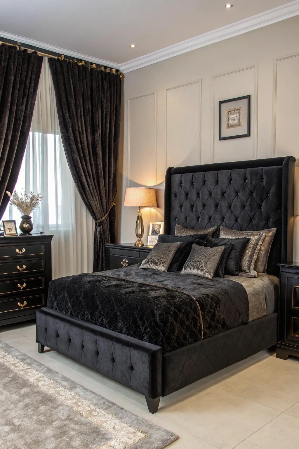 Opulent velvet elements enhance this sophisticated bedroom.
