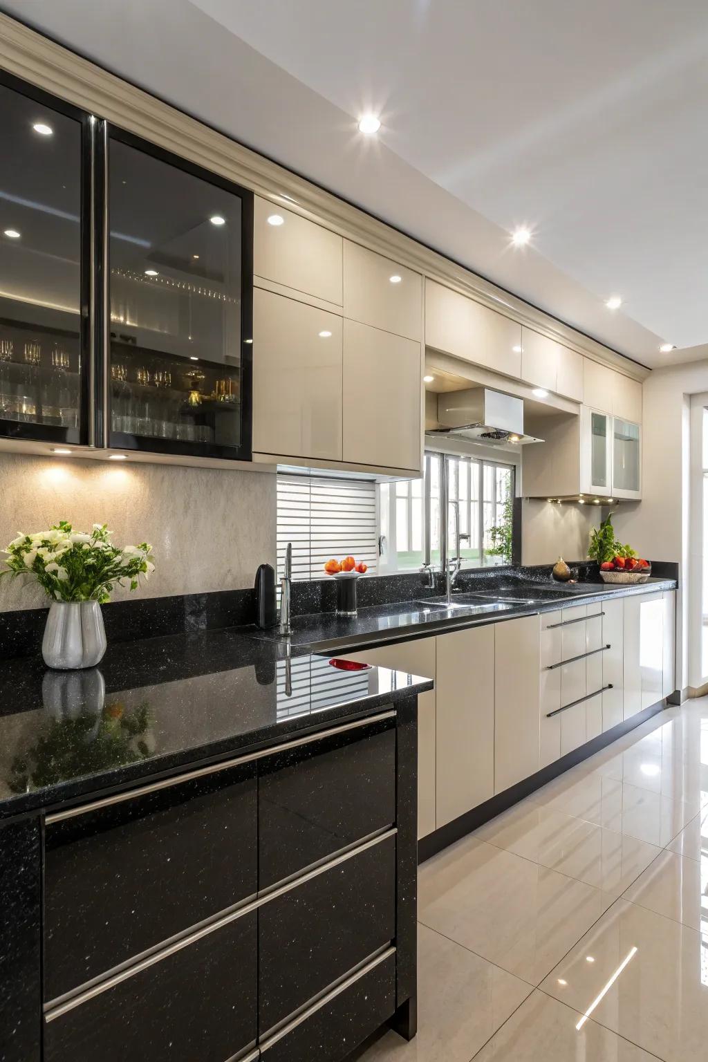 Reflective surfaces enhance spaciousness in the kitchen.