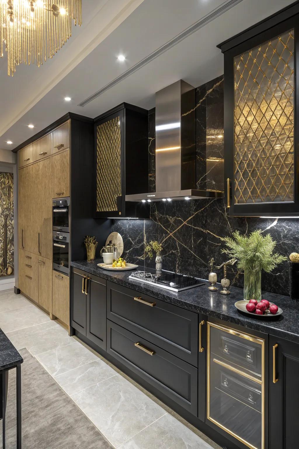 Metallic accents elevate ebony worktops.