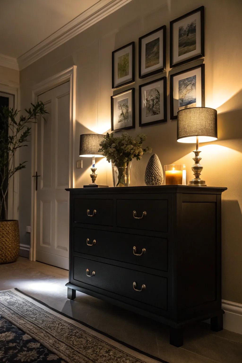 A dark wood dresser elegantly highlighted by warm accent lighting.