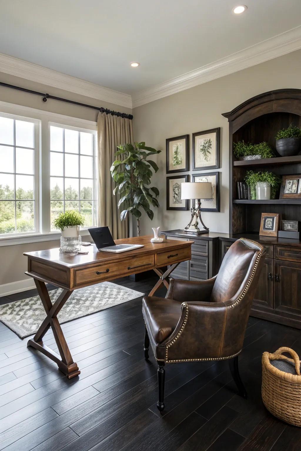 Sophisticated home office with dark hardwood floor.