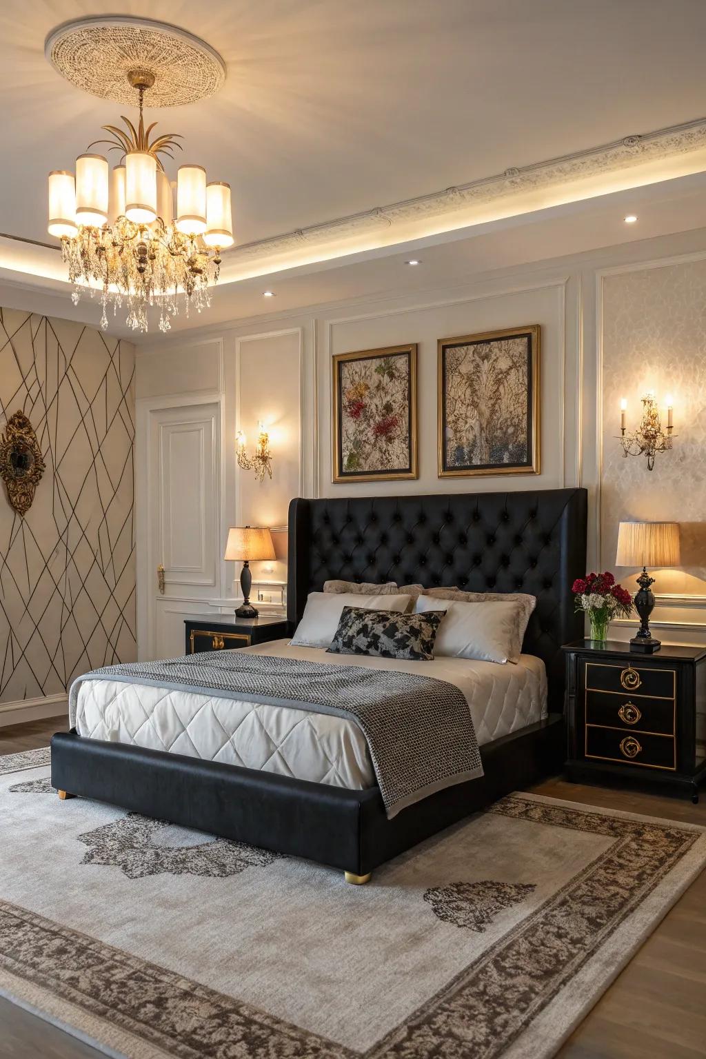 Artistic bedroom featuring striking lighting and a dark-toned headboard