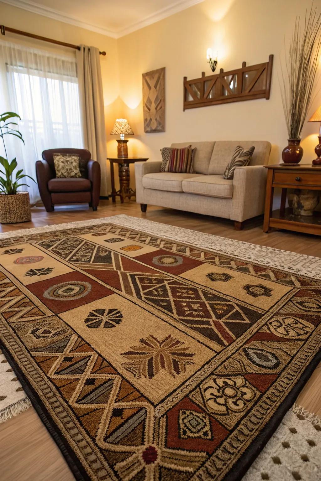 An African-patterned rug warms and styles the floor.