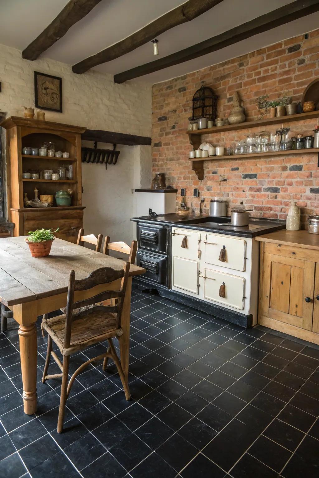 A countryside kitchen where ebony floors complement charming elements like brick and wood.