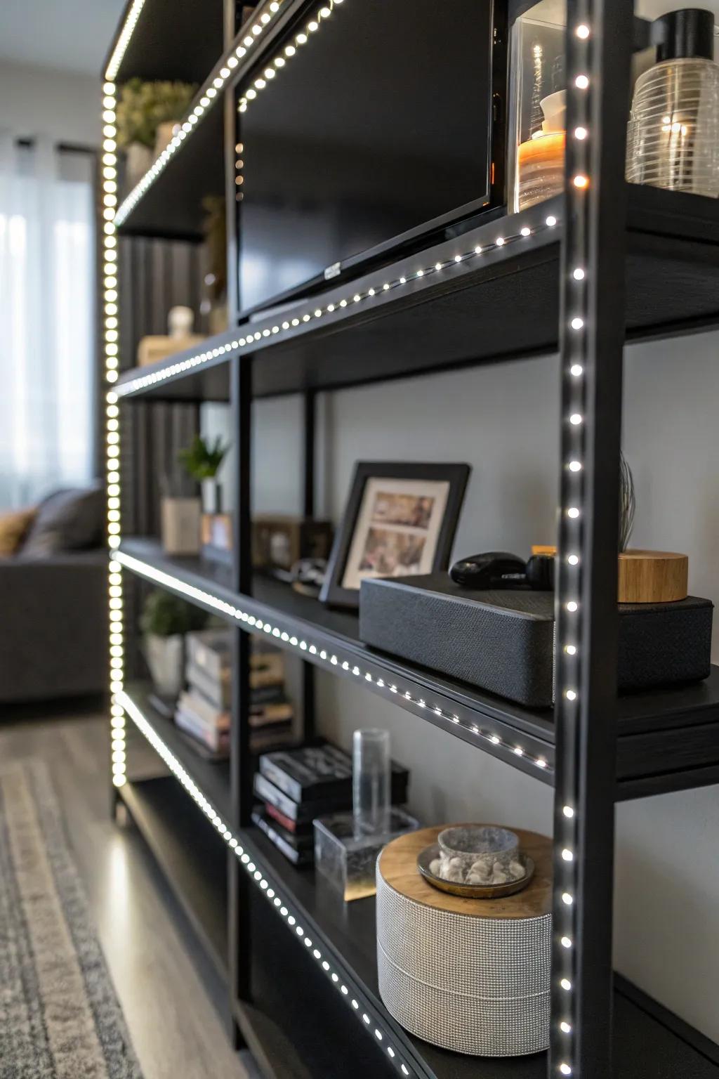LED lights emphasizing decor upon a dark-colored shelf, establishing a contemporary atmosphere.