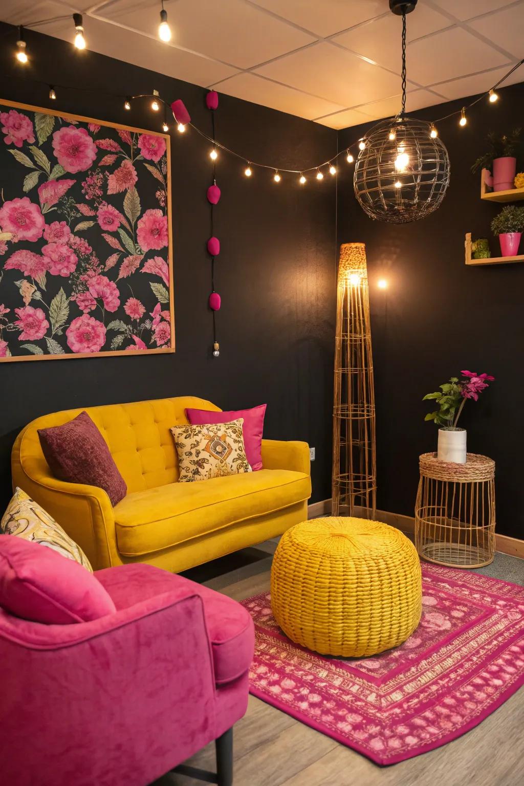 Striking hues contrasting a black wall.