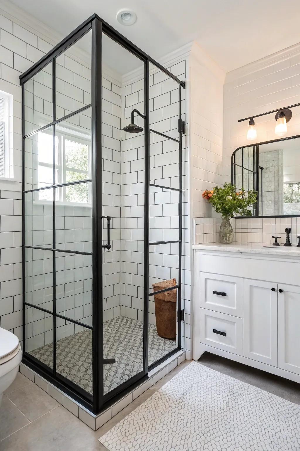 Black-framed shower enclosures provide a bold, modern statement.