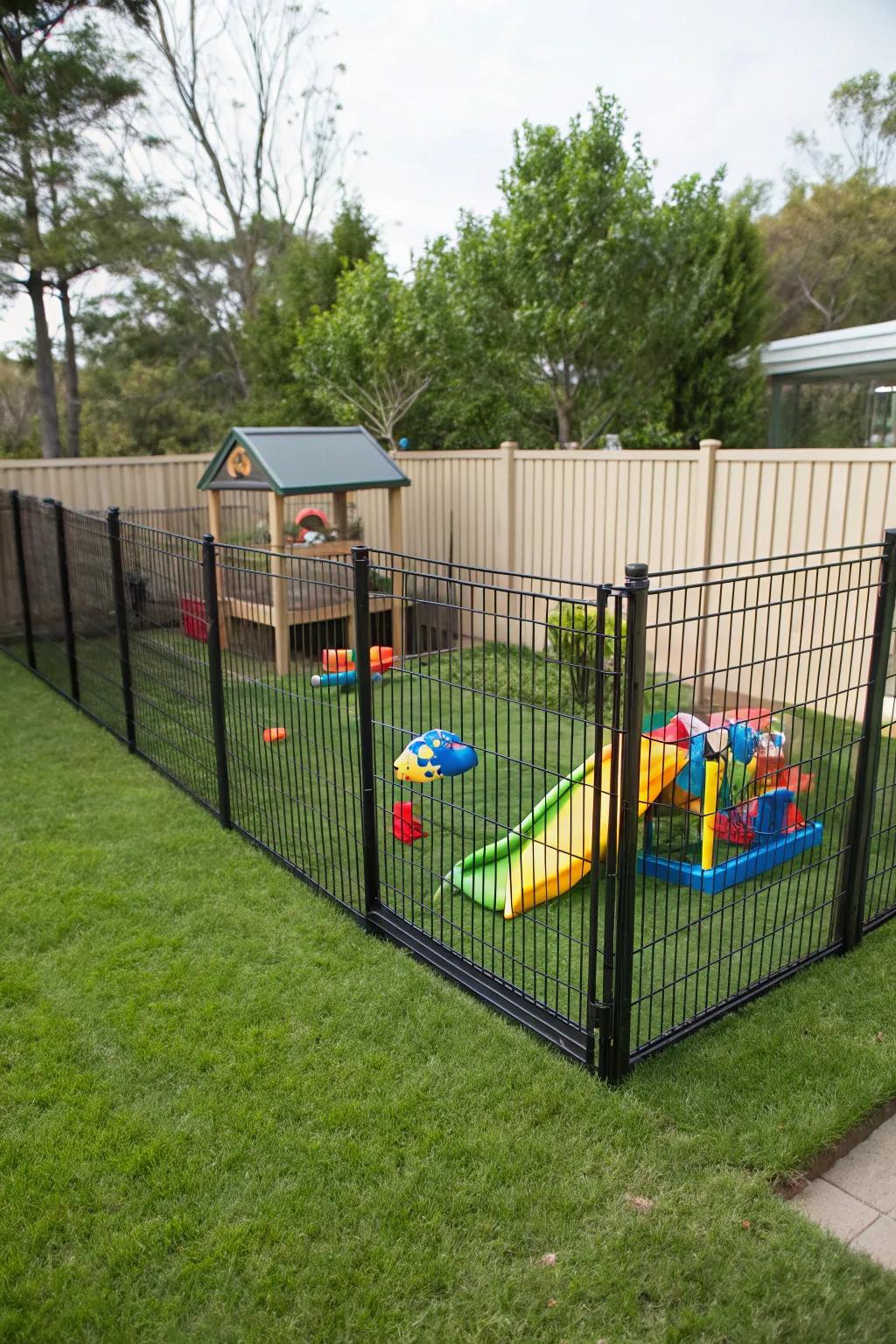 Design a safe play area with a dark steel-strand barrier for your kids.