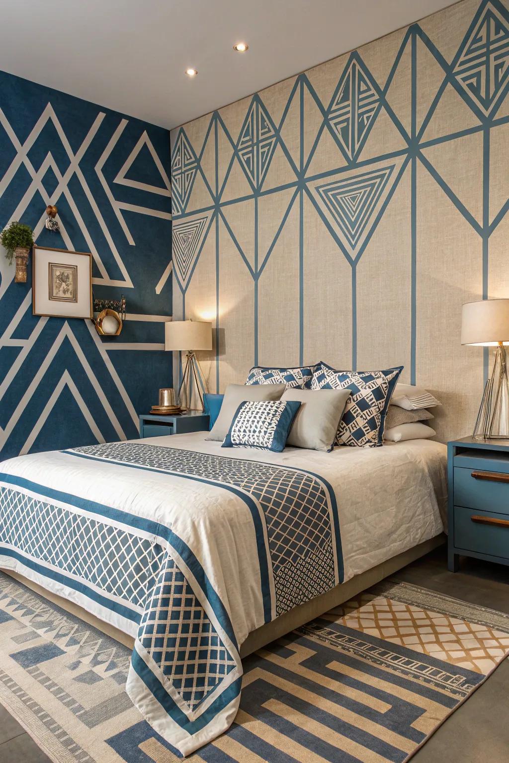 A contemporary touch is added to the space by geometric patterns in blue and beige.