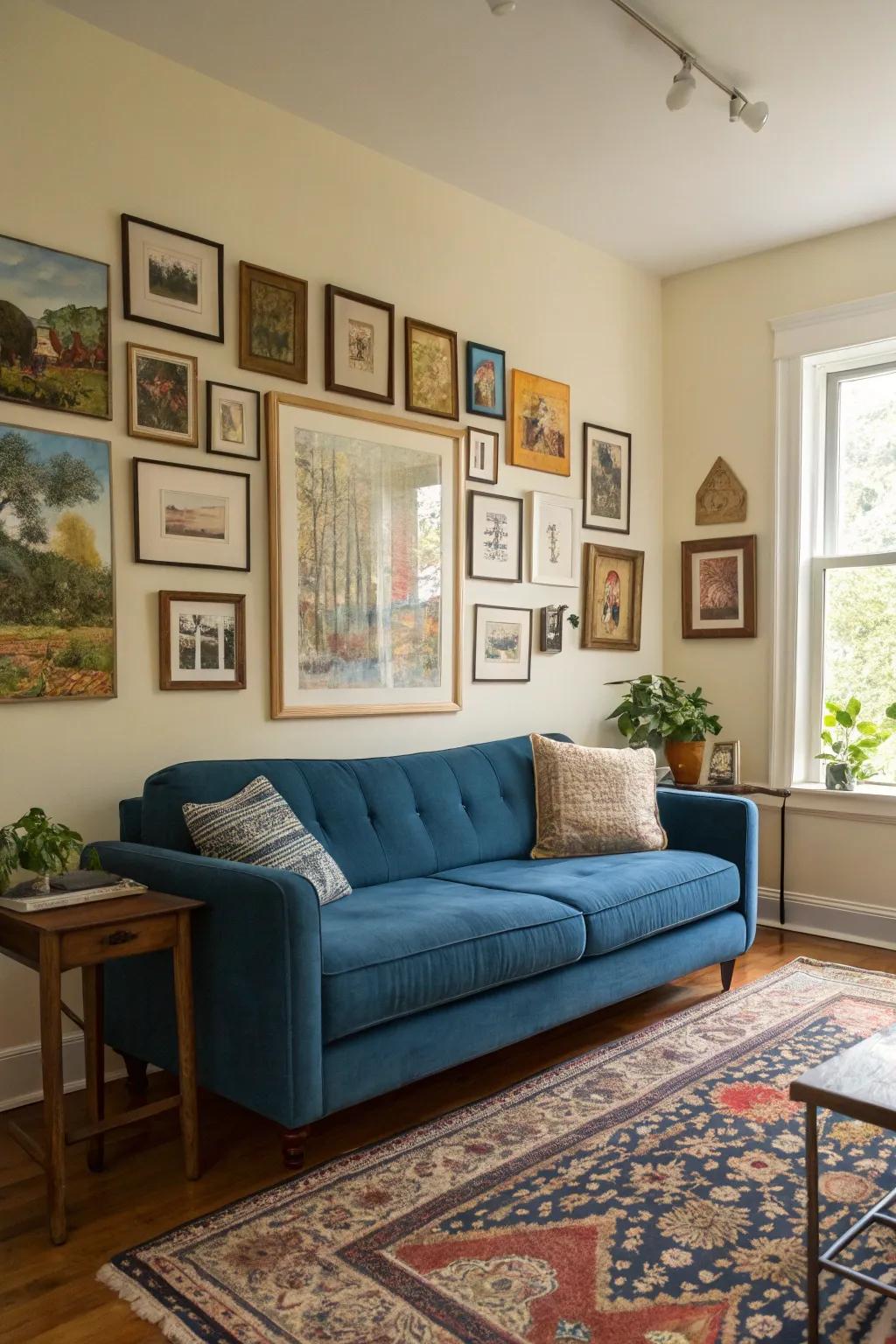 A gallery wall adds personal flair and highlights the sapphire settee.