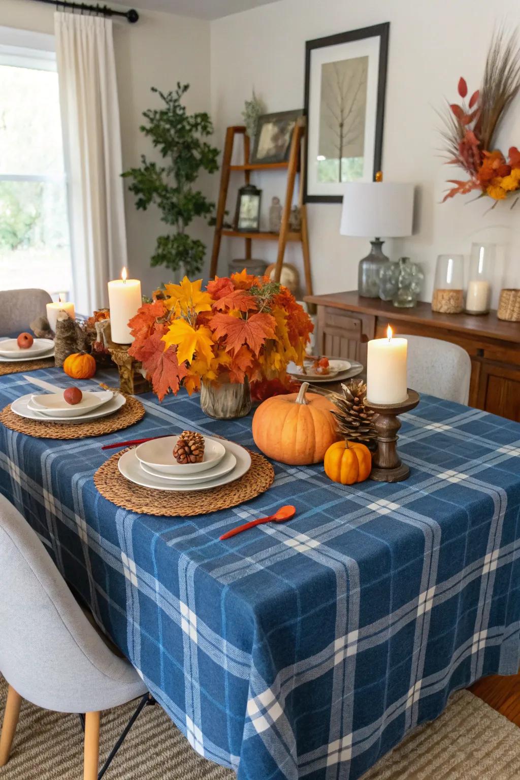 A dining room featuring blue plaid and fall accents.