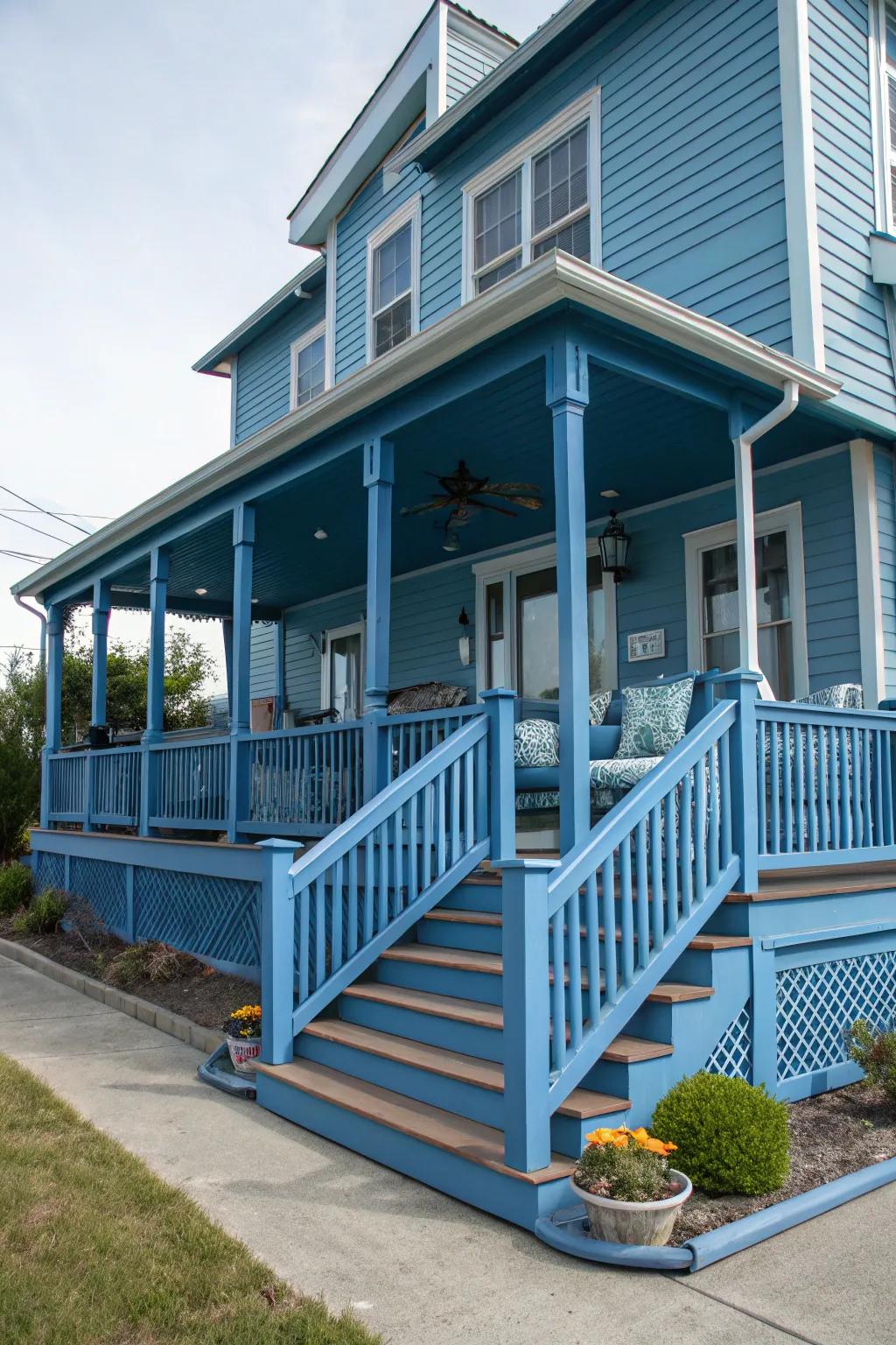 A blue terrace ties the exterior design together.
