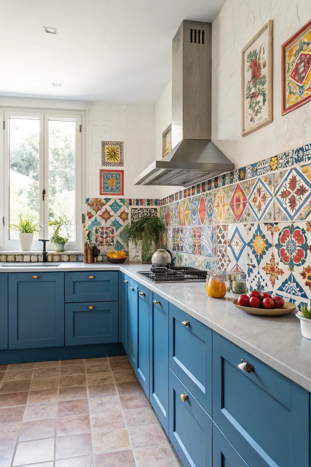 A striking patterned backsplash with azure cupboards infuses distinctive character to the cooking area.