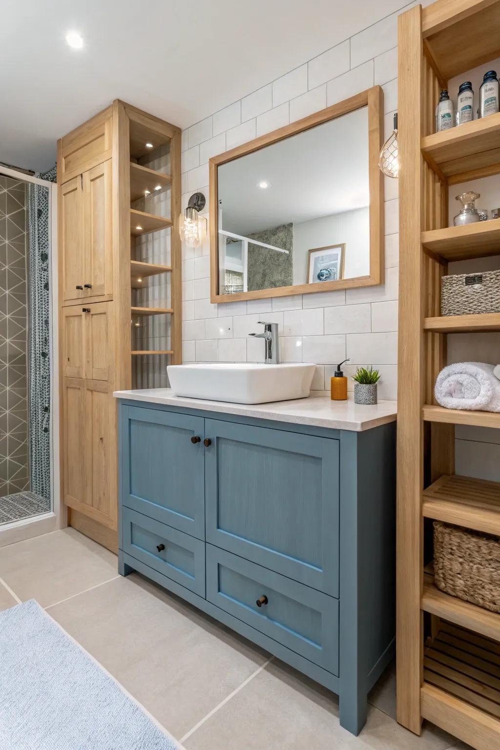 A coastal blue vanity infuses your bathroom with a beachside retreat vibe.