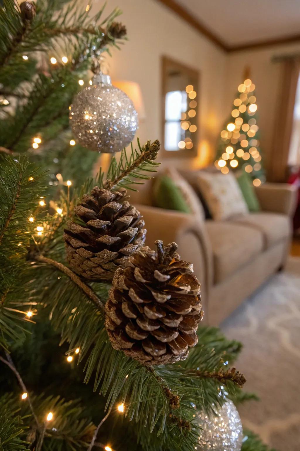 Twinkle pinecones contribute a natural yet glamorous nuance.