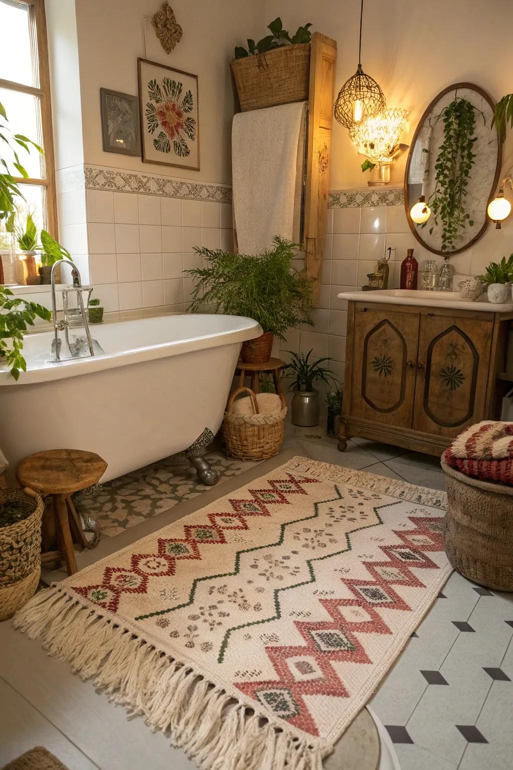 A cozy boho bathroom featuring a fringed floor mat.