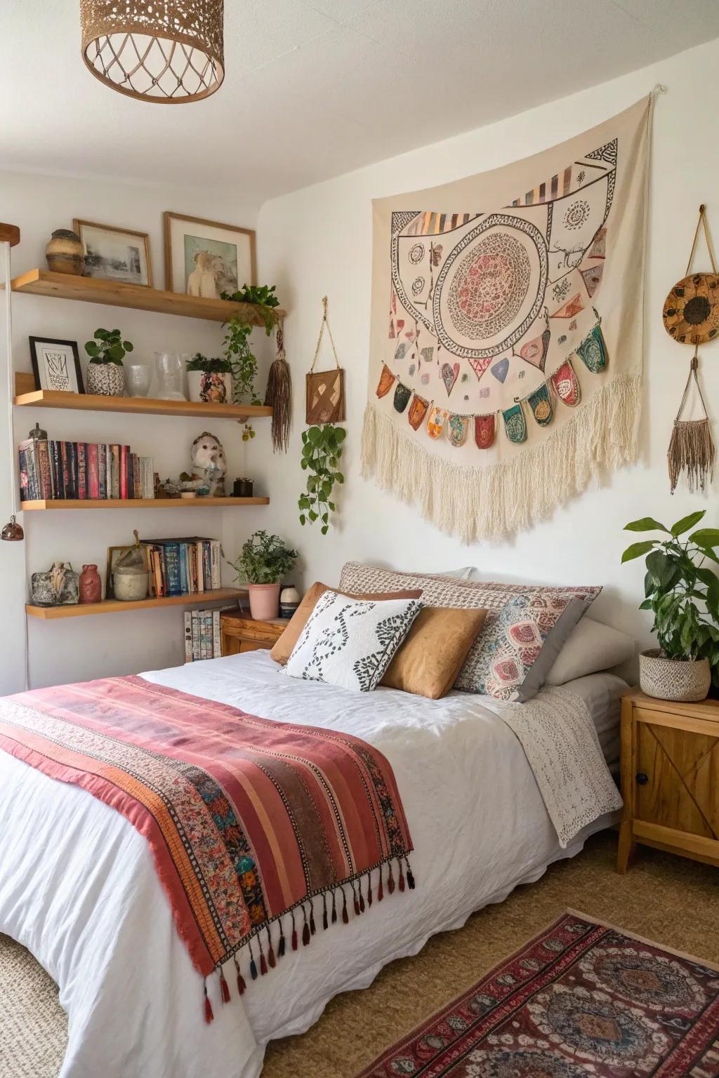 Customized DIY creations add a unique touch to this boho bedroom.