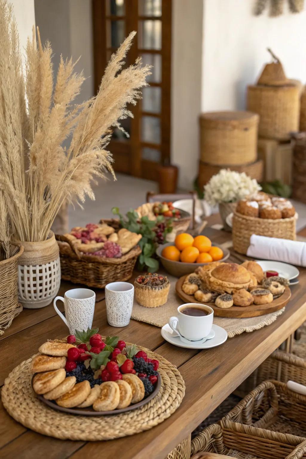 Pampas grass adds chic elegance to the boho brunch ambiance.
