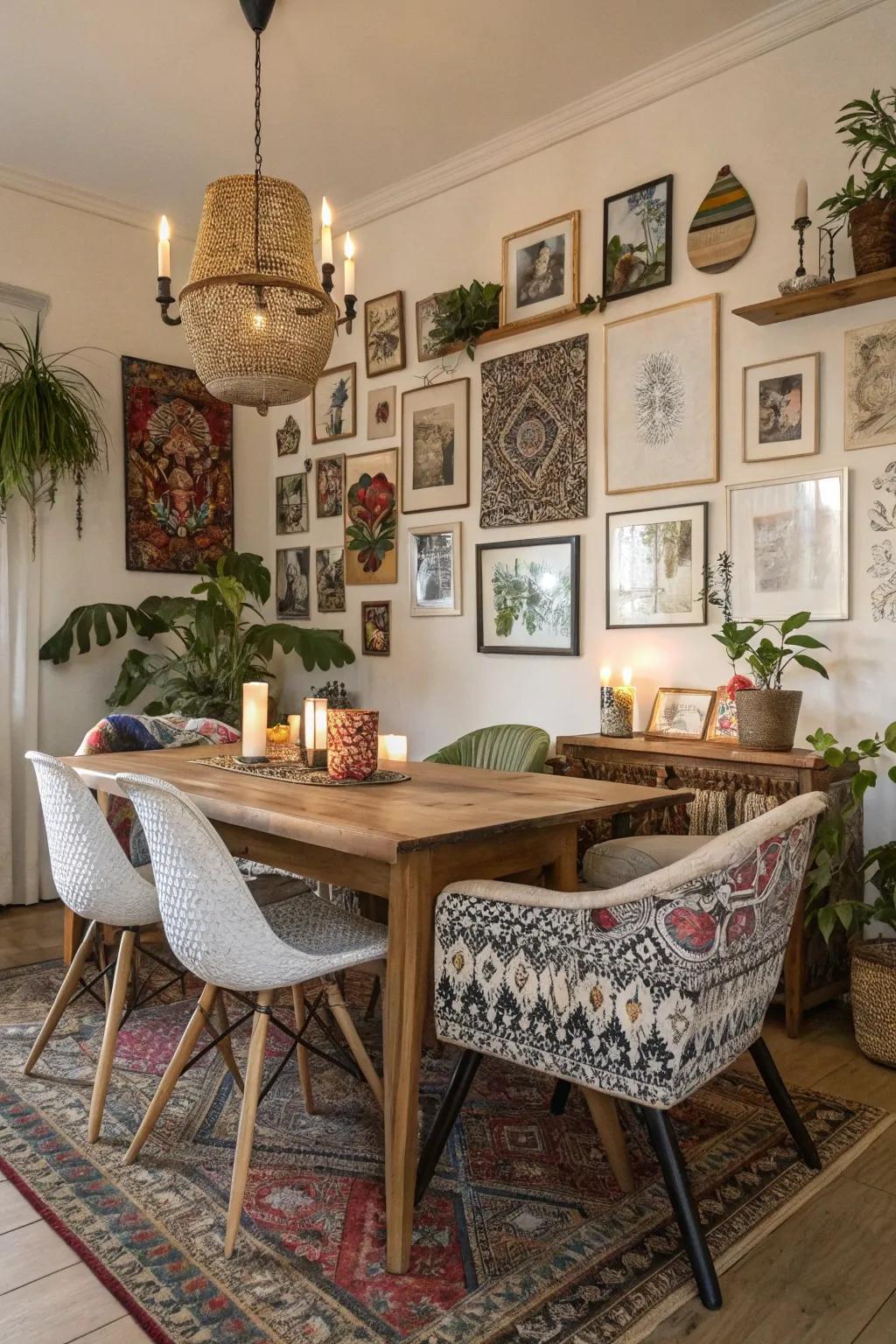 A gallery wall contributing imagination to a boho dining space.