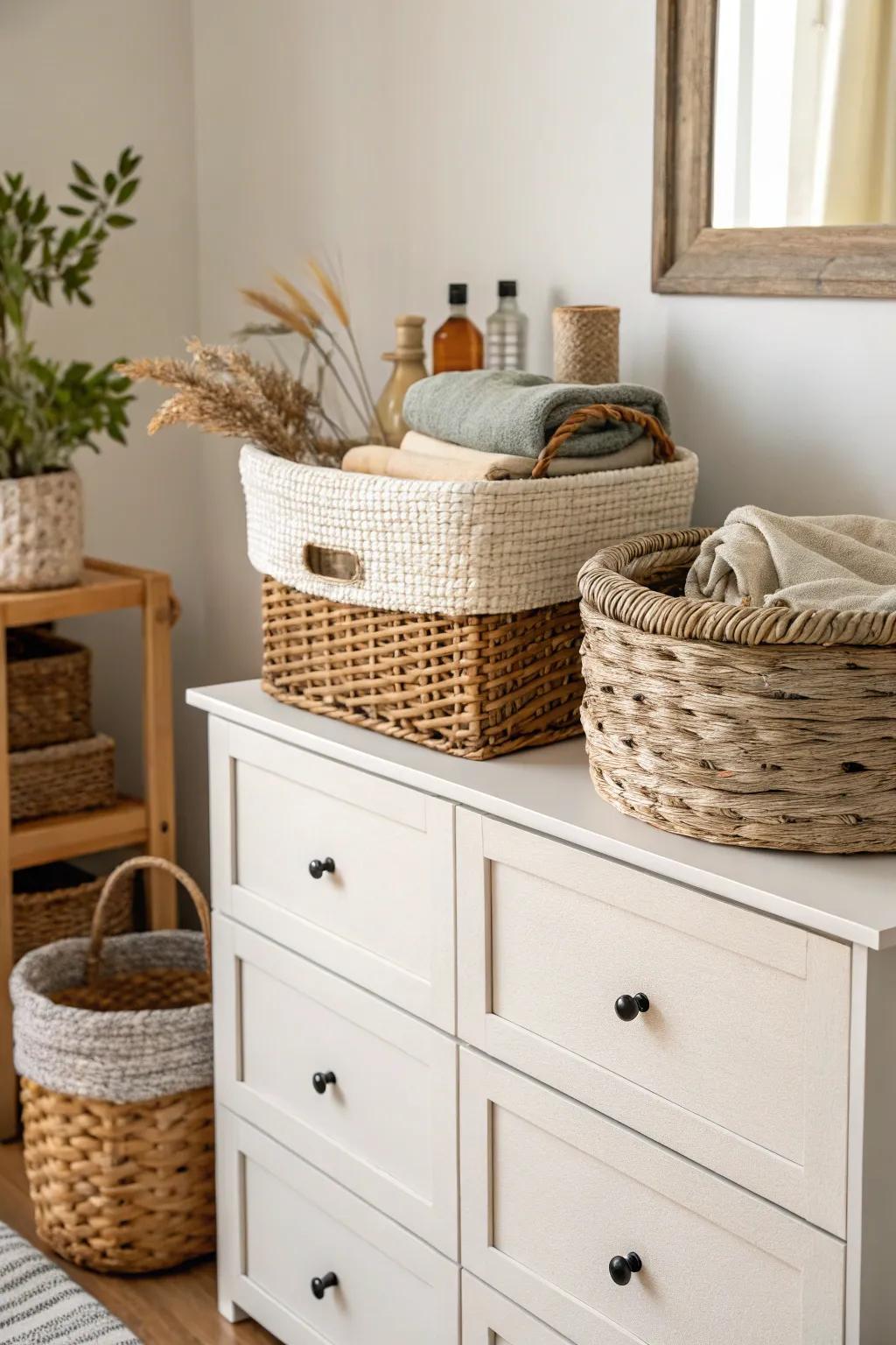 Braided baskets introduce texture and practicality to this boho dresser.