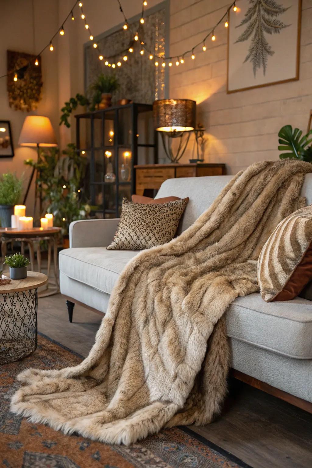 A fur throw appends an impression of opulence and coziness to the design.