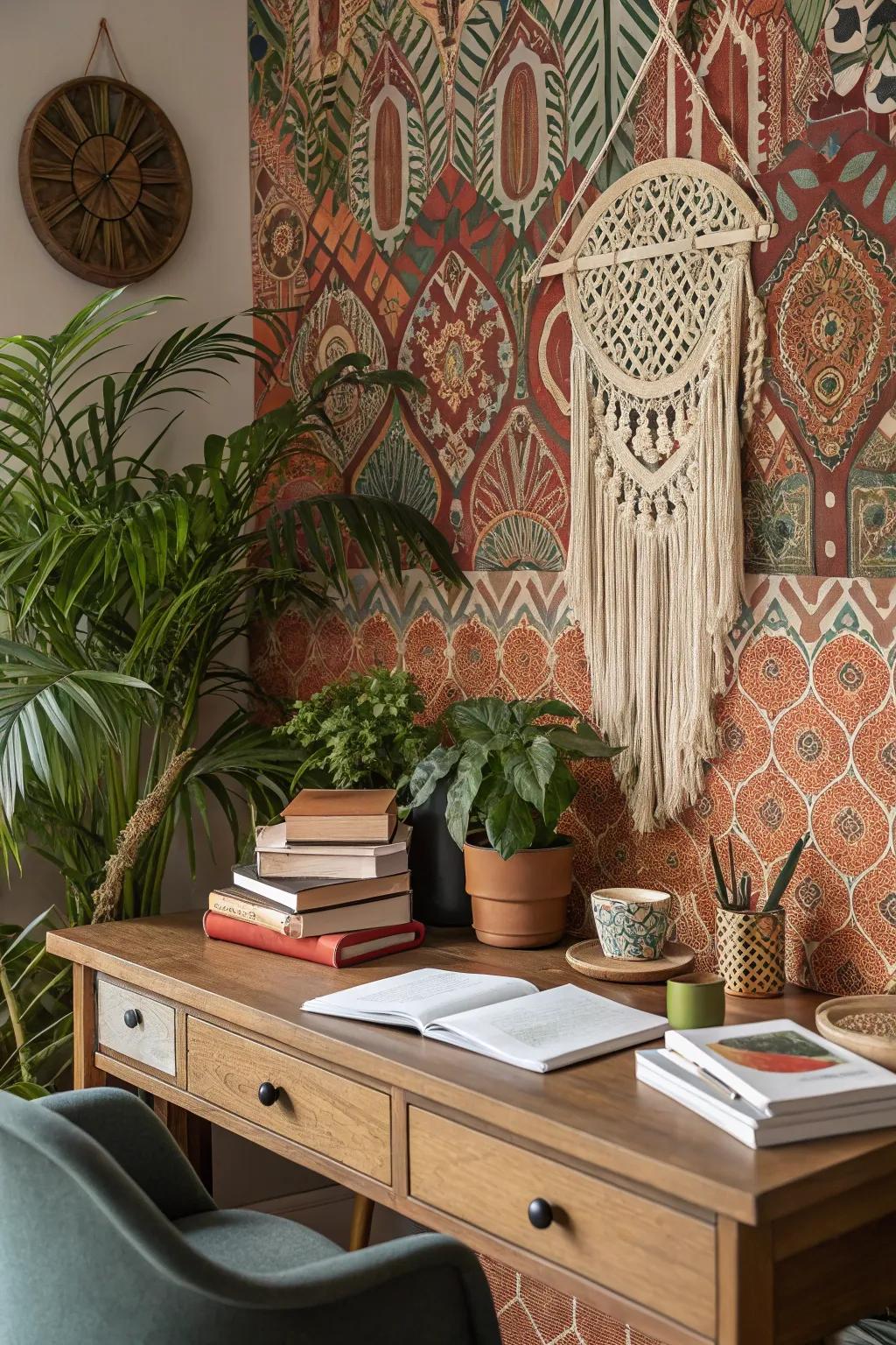 Bold wall covering adds depth and a statement look to the office.