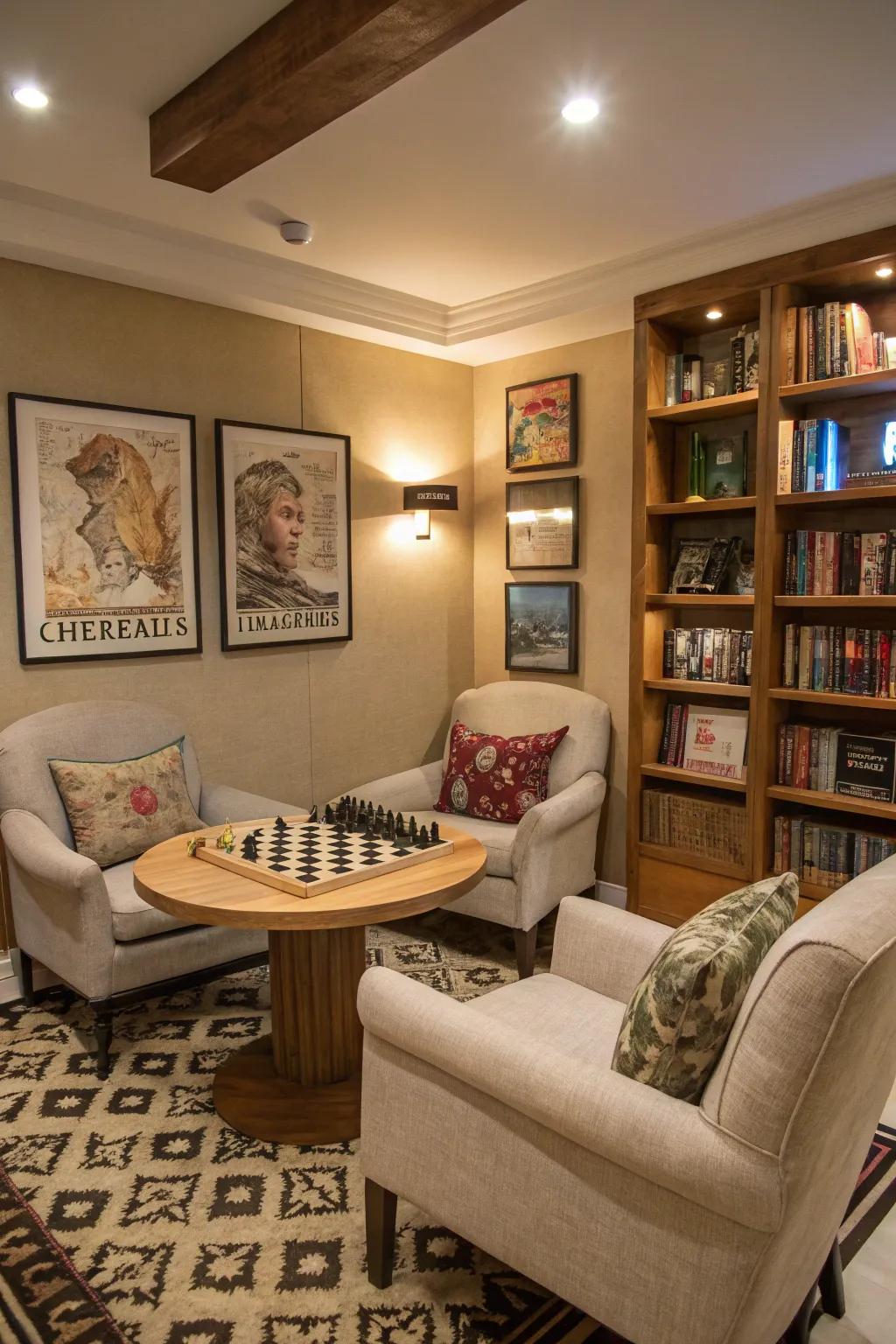 A chess corner provides a quiet space for strategic play.