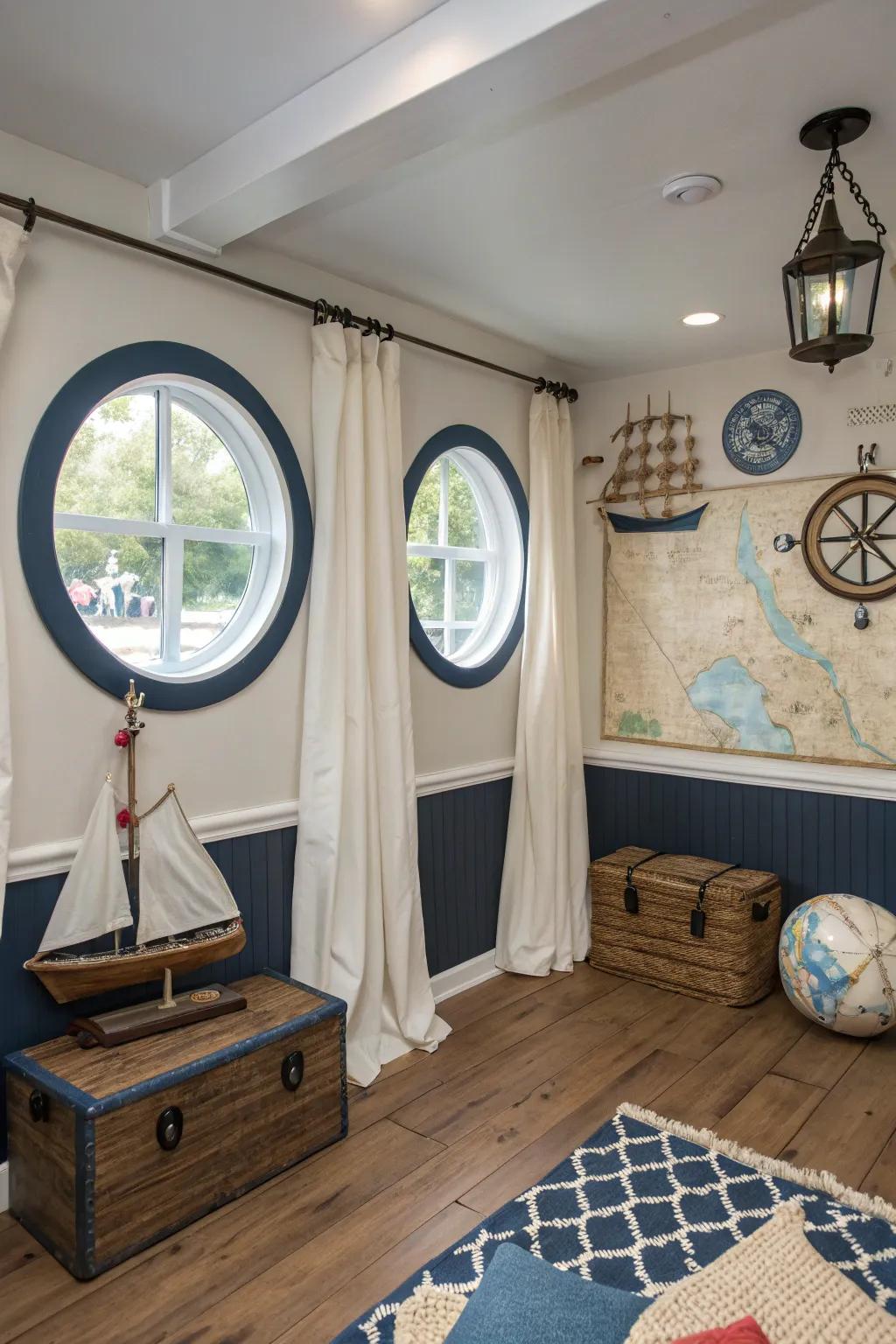 A nautical theme adds a relaxing atmosphere to your bonus room.