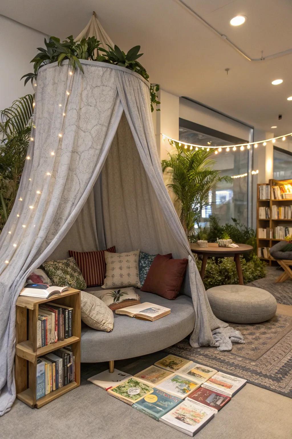 A sheeting-wrapped nook, giving off an intimate and cozy vibe.