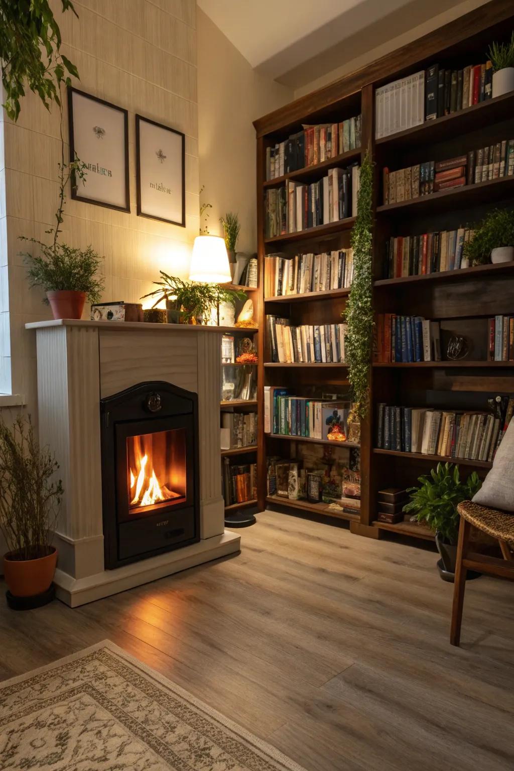A fireplace adds a sense of warmth and comfort to the reading area.