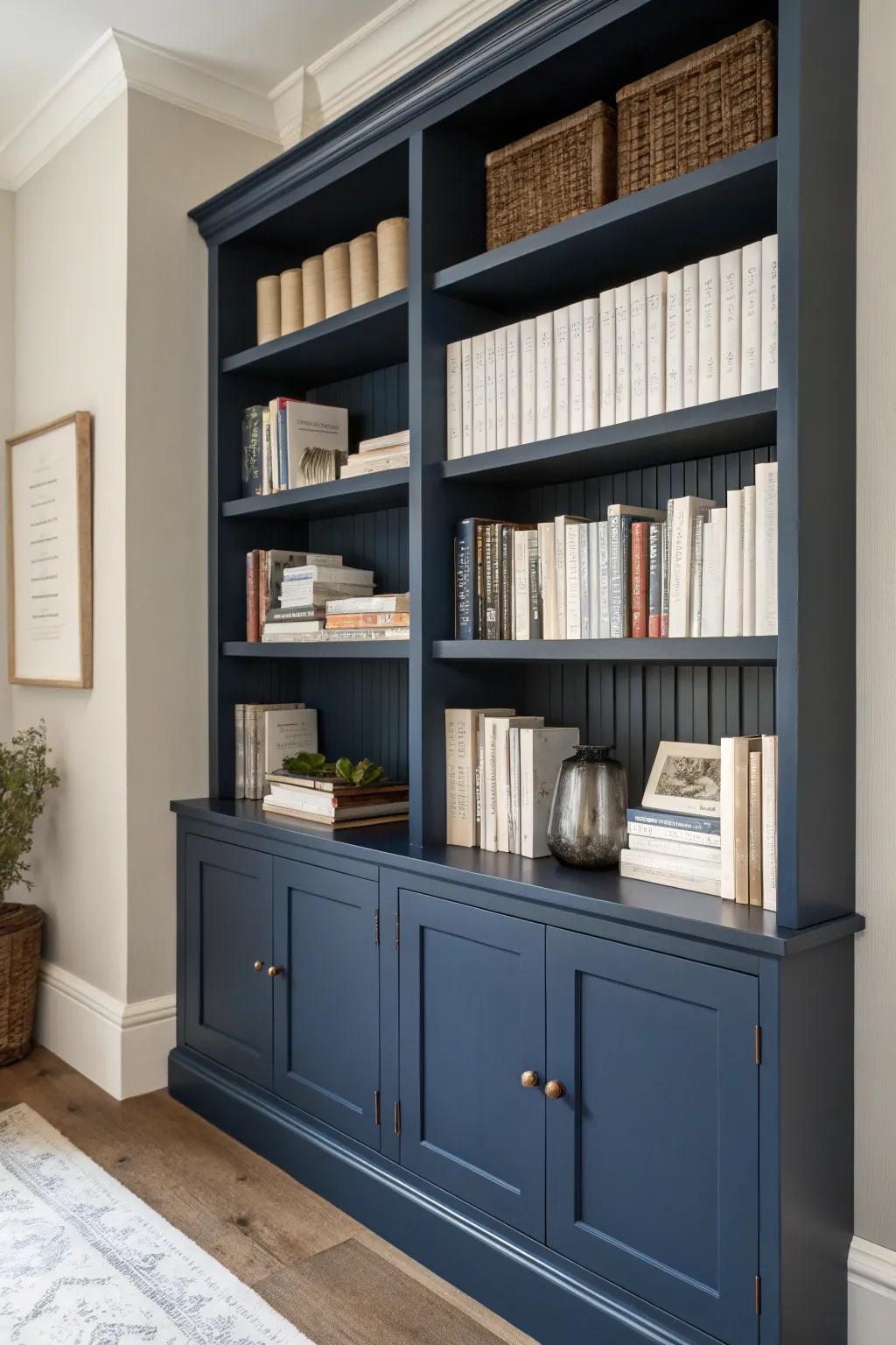 One-tone bookshelves for a sophisticated look.