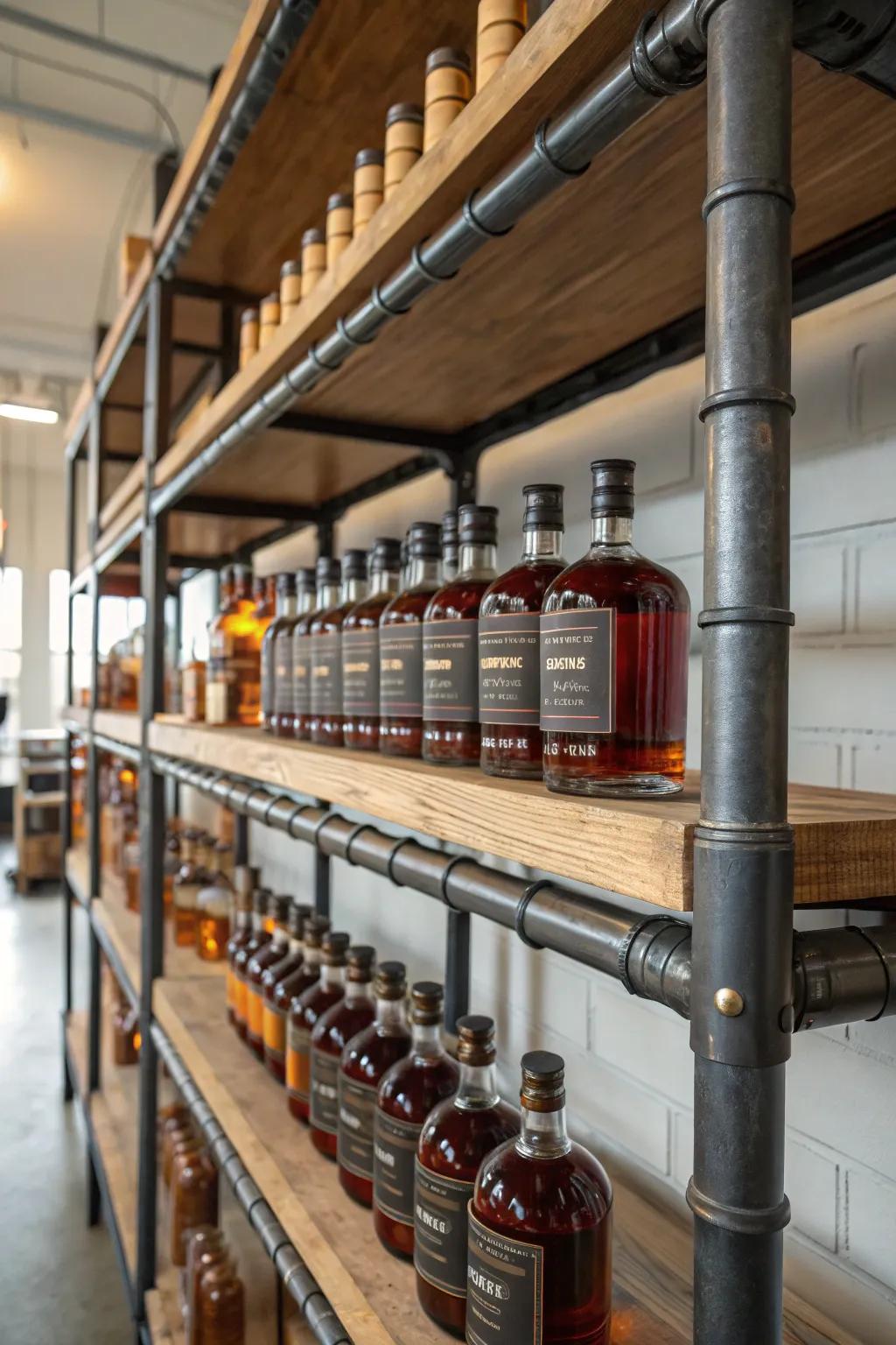 Steel piping shelving appends a modern sharpness to your bourbon display.