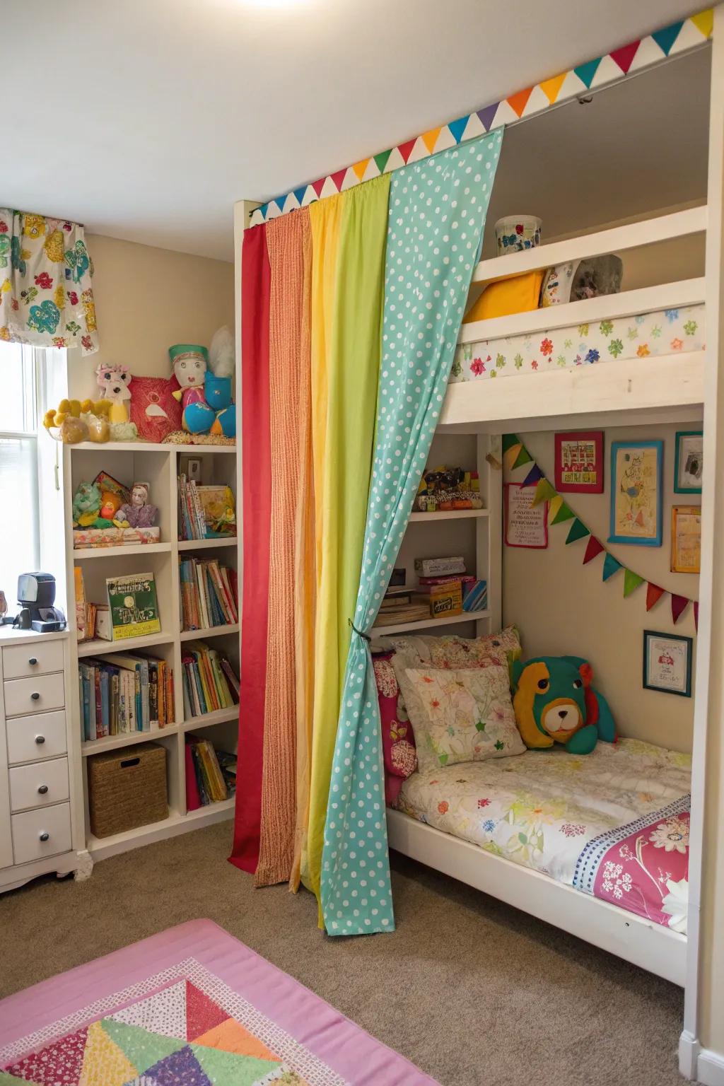 A curtain divider provides color and privacy in a shared area.