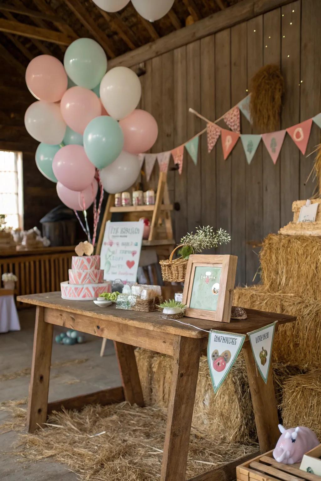 Farm-themed baby shower featuring rustic and charming decorations