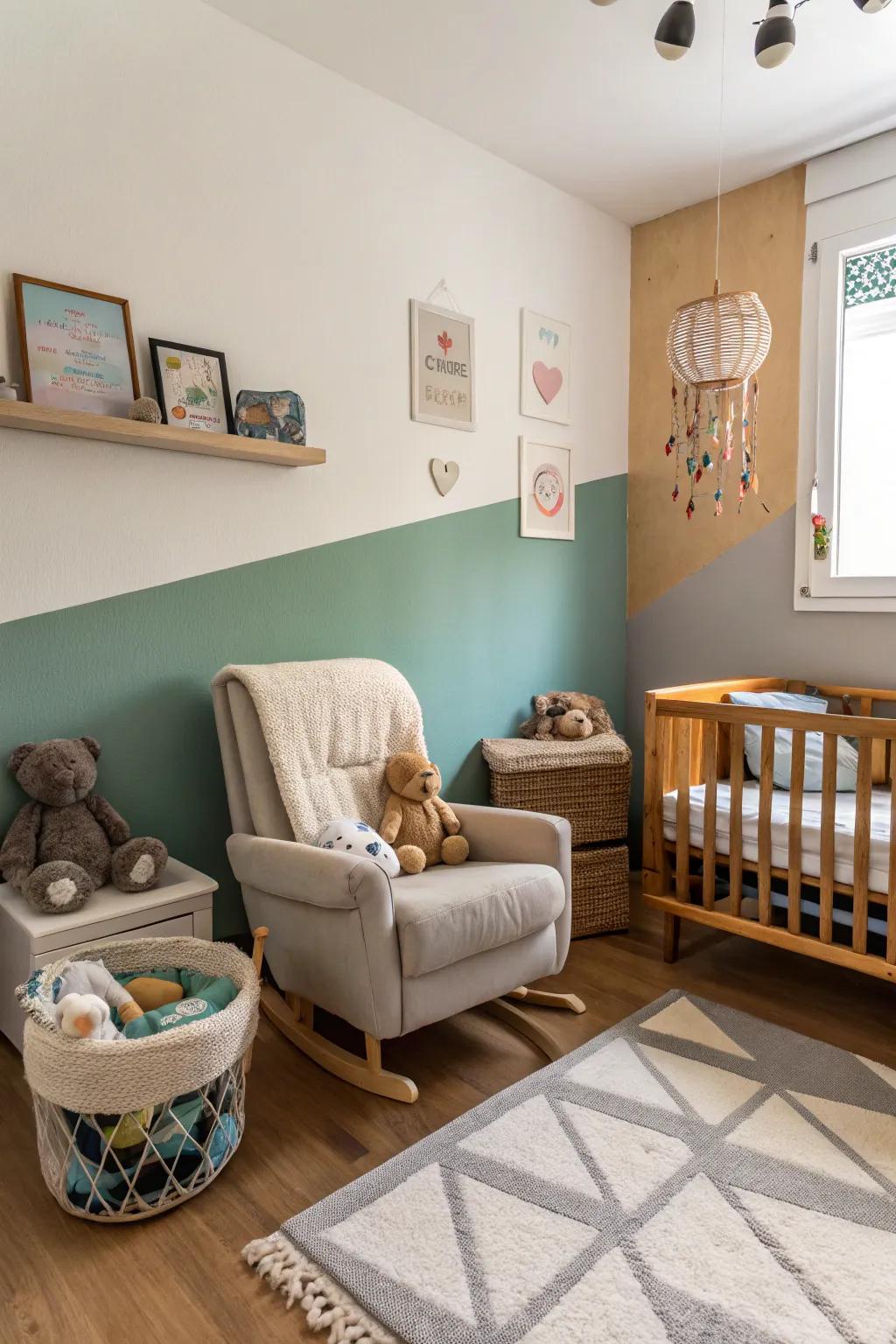 Walls in two hues contribute a vibrant element to the nursery's design.