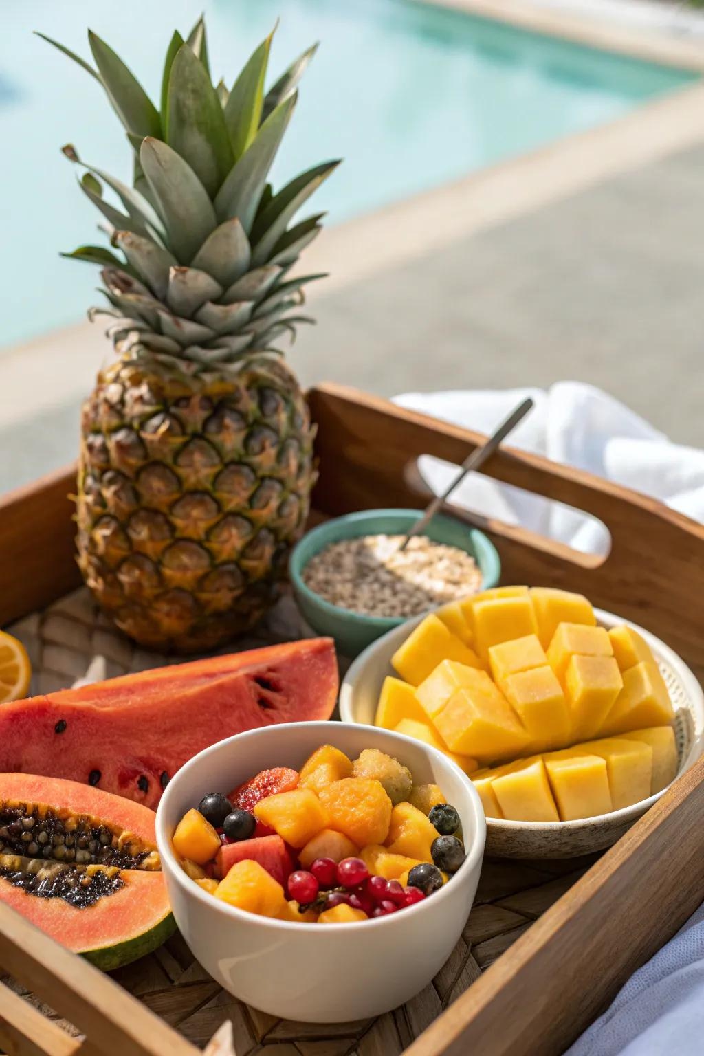 A tropical fruit assortment delivers a refreshing and exotic breakfast adventure.